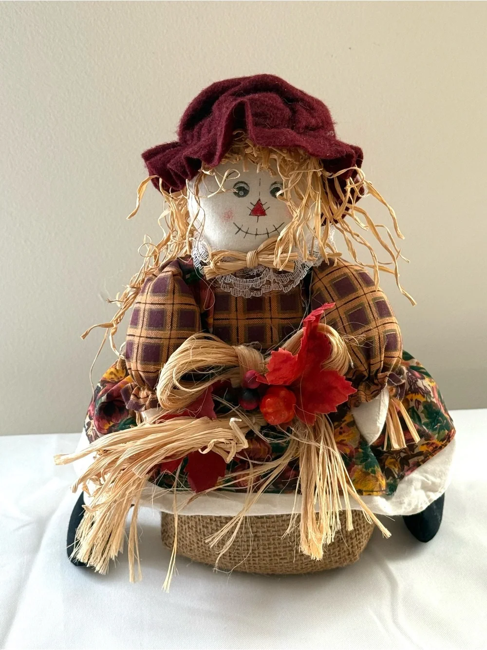 Vintage Harvest Scarecrow Doll with Plaid Dress and Maroon Hat Weighted Filling